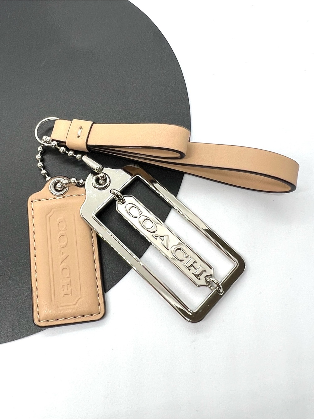 COACH Beige Leather Silver Logo 3 Piece Bag Charm Keychain Hang Tag Set